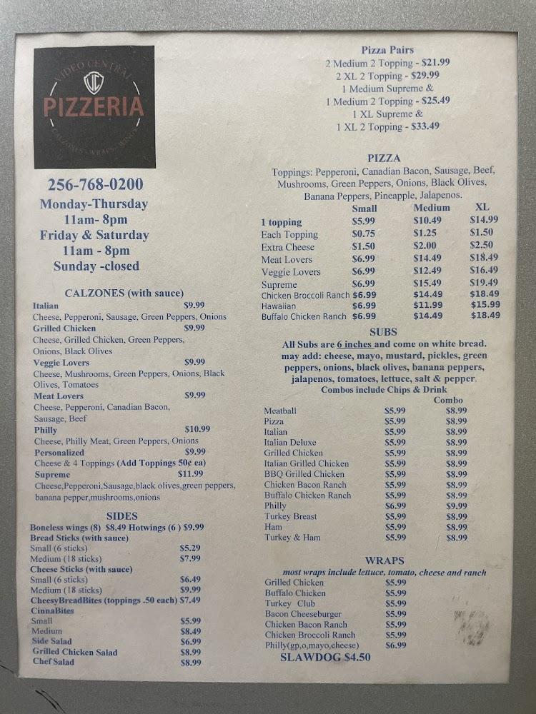Video Central Pizzeria Menu image 1